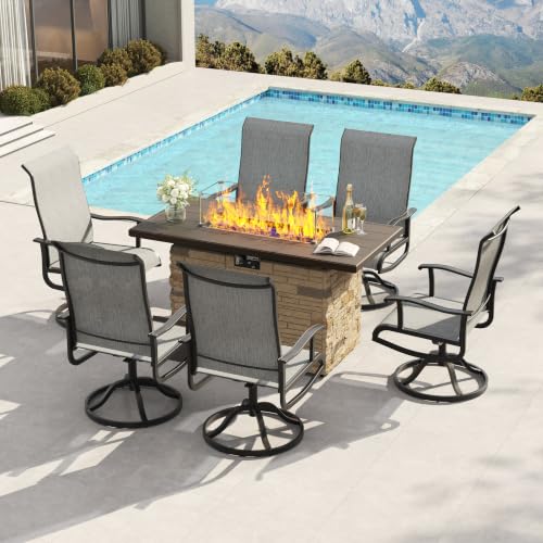 PIZZELLO 7 Pieces Patio Furniture Set w/ 43" Gas Fire Pit Table and 6 Patio Swivel Dining Chairs, Outdoor Conversation Set 50,000 BTU Propane Fire Pit Patio Chairs Set of 6 for Backyard