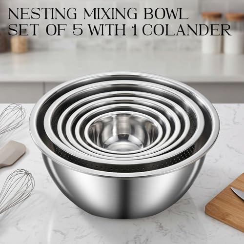 DUTZUN Heavy-Duty Stainless Steel Mixing Bowls Set of 5 plus 3QT Colander, Nesting Kitchen Metal Bowl for Baking Prep Salads Serving Cooking, Non-Toxic & Dishwasher Safe — 4.0 to 0.8 QT