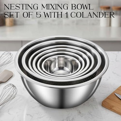 DUTZUN Heavy-Duty Stainless Steel Mixing Bowls Set of 5 plus 3QT Colander, Nesting Kitchen Metal Bowl for Baking Prep Salads Serving Cooking, Non-Toxic & Dishwasher Safe — 4.0 to 0.8 QT