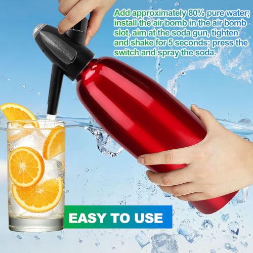 Soda Siphon, 1L Portable Seltzer Maker - Retro-Style Sparkling Water Machine for Homemade Carbonated Drinks, Juices & Cocktails, Uses 8g CO2 Cartridges (Cartridges Not Included) - (Red)