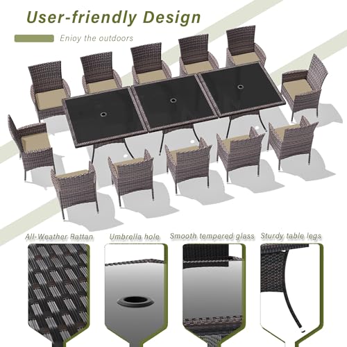 RTDTD 15 Pieces Outdoor Patio Dining Set,Patio Table and Chairs Rattan Outdoor Patio Furniture Set with Umbrella Hole,Dining Table Set for 12 with Chairs for Backyard,Garden and Kitchen,Brown