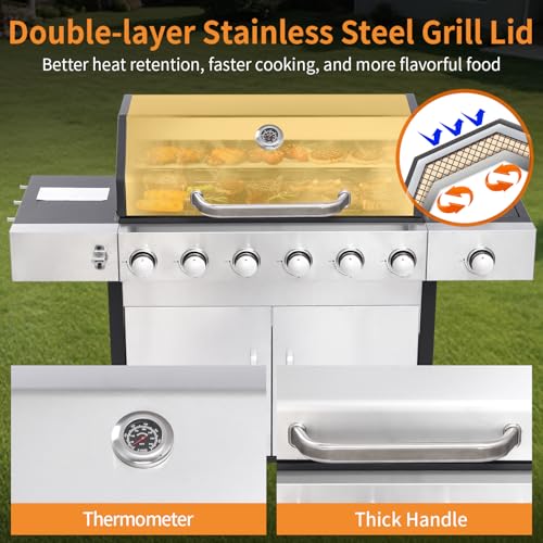 GRILL DEPOTS 6 Burner Propane Gas Grill with Side Burner, Cast Iron Grates, Plate, Lid and Warming Rack, Large Cabinet Style BBQ Grill for Barbecue Grilling Backyard Cooking, 620 SQ. IN. Cooking Area