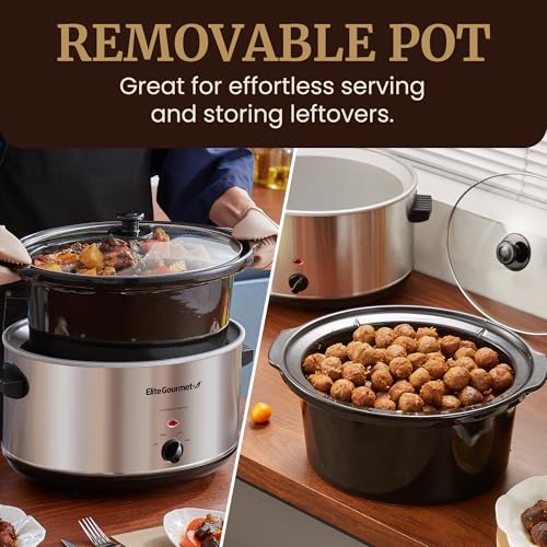 Elite Gourmet Stainless Steel Slow Cooker, Dishwasher-Safe with Tempered Glass Lid, Cool-Touch Handles, Removable Stoneware Pot, 8.5 Quart,MST-900V