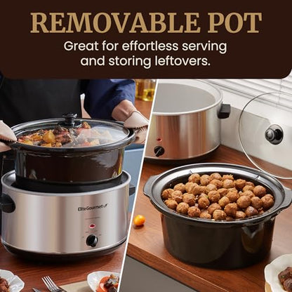 Elite Gourmet Stainless Steel Slow Cooker, Dishwasher-Safe with Tempered Glass Lid, Cool-Touch Handles, Removable Stoneware Pot, 8.5 Quart,MST-900V