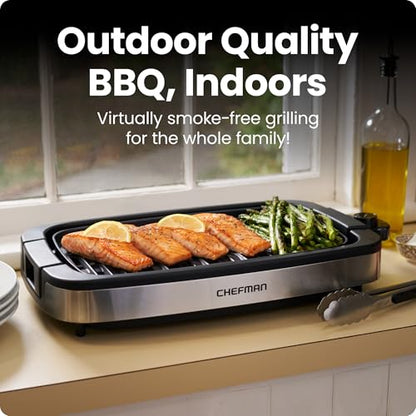 Chefman Smokeless Indoor Electric Grill, Extra Large Grilling Surface, Nonstick Table Top Grill for Indoor Grilling and BBQ with Adjustable Temperature Control, Drip Tray, Dishwasher-Safe Parts