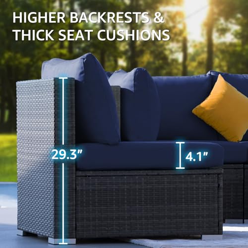 NICESOUL 11 Piece Outdoor Furniture Set with Firepit Table, Luxury 10-Person Patio Sectional Sets, 29.3'' High-Back Backyard Seating Area, All-Weather Rattan Couch Set for Outside, Deck, Grey&Blue