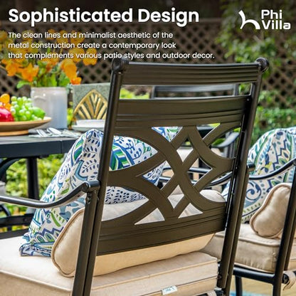 PHI VILLA 7 Pieces Outdoor Dining Set for 6, 54" Round Black Metal Table & Wrought Iron Swivel Chairs, Rustproof Large Outside Furniture with Cushions & Pillows for Patio, Deck, Porch