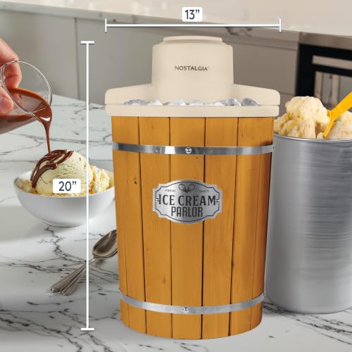Nostalgia Electric Ice Cream Maker With 6 Qt Capacity - Old Fashioned Ice Cream Machine Makes Frozen Yogurt or Gelato in Minutes- Vintage Wooden Style Ice Cream Maker with Aluminum Canister