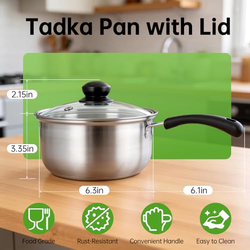 Tadka Pan with Lid, 1.5 Quart Small Sauce Pan with Lid, Stainless Steel Saucepan with Heat-Resistant Handle, Small Pot for Indian Tadka, Tempering and Dal, Perfect for Cooking and Flavoring Spices