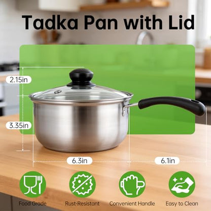 Tadka Pan with Lid, 1.5 Quart Small Sauce Pan with Lid, Stainless Steel Saucepan with Heat-Resistant Handle, Small Pot for Indian Tadka, Tempering and Dal, Perfect for Cooking and Flavoring Spices