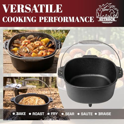 HITROCK Cast Iron Camp Dutch Oven with Legs 9QT, Pre-Seasoned Camping Dutch Oven with Lid, Outdoor Pot with Lid Lifter, Storage Bag & Handle for Camping, Baking, Grilling, Rounded-square Shape