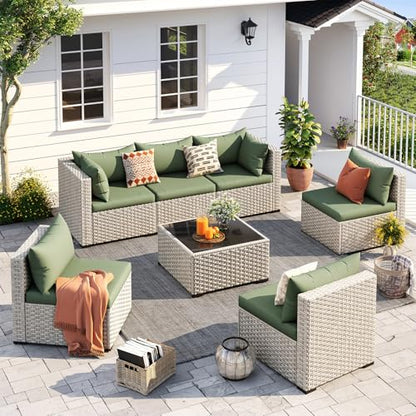 UDPATIO Outdoor Patio Furniture Set 7 Pcs Wicker Sectional Sofa Grass Green