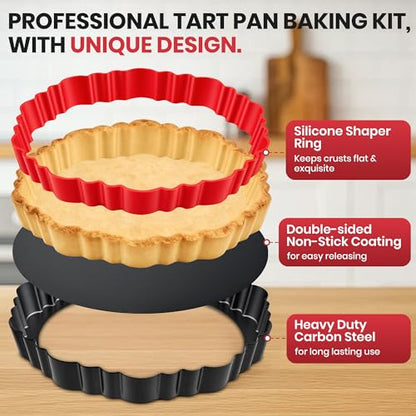 Maywe Tanso Upgraded 9 Inch Tart Pan with Removable Bottom, Non-Stick Deep Fluted Carbon Steel Quiche Pan, Includes Crust Shaper Ring - Quiche Baking Dish Tart Mold for Baking, Party & Festival