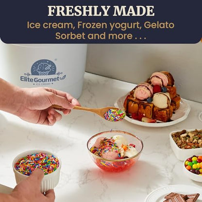 Elite Gourmet 4Qt Electric Ice Cream Maker EIM350 Delicious Homemade Ice Cream, Gelato, Sorbet, Frozen Yogurt, 4Qt Aluminum Freezing Cannister, Durable Plastic Ice Bucket, Powerful 50W, Periwinkle