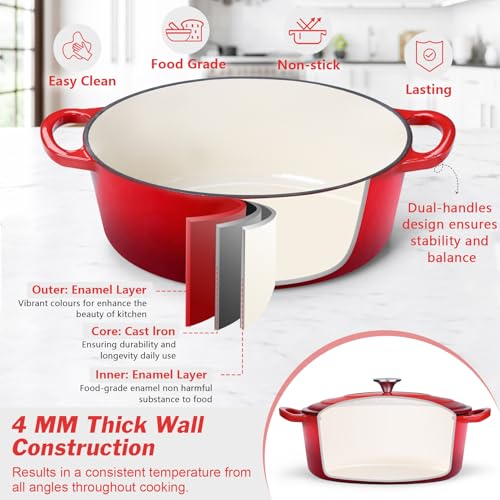 P&P CHEF Oval Dutch Oven with Lid, Enameled Cast Dutch Oven Pot for Bread Baking, Braising, Stewing, Roasting, Non-Stick & Oven Safe, Dual Handles & Easy Clean, 7QT & Red, Valentine's Day