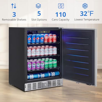 Garvee Beverage Refrigerator 24 in, Weather Proof Stainless Steel Beverage Fridge for Outdoor Kitchen and Patio, Indoor/Outdoor Beverage Cooler for 180 Cans, Built-in/Freestanding