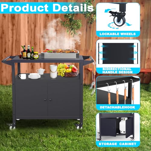 COZEER Outdoor Grill Table with Storage, Movable BBQ Grill Cart, Outdoor Kitchen Prep Station, Rolling Bar Serving Cart with Utensil Hooks, Blackstone Griddle Stand
