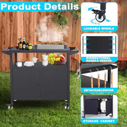 COZEER Outdoor Grill Table with Storage, Movable BBQ Grill Cart, Outdoor Kitchen Prep Station, Rolling Bar Serving Cart with Utensil Hooks, Blackstone Griddle Stand