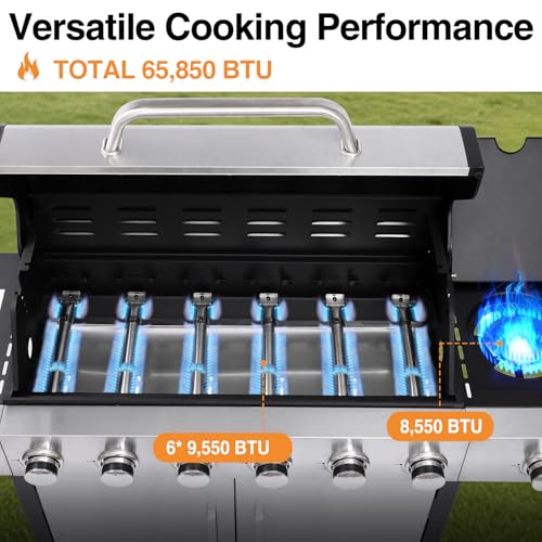GRILL DEPOTS 6 Burner Propane Gas Grill with Side Burner, Cast Iron Grates, Plate, Lid and Warming Rack, Large Cabinet Style BBQ Grill for Barbecue Grilling Backyard Cooking, 620 SQ. IN. Cooking Area