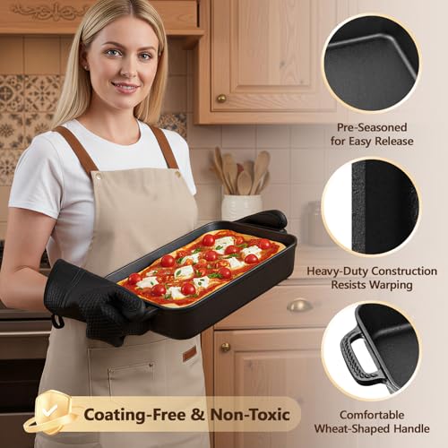 Lvmol Cast Iron Detroit Pizza Pan - 9x13 Inch Pre-Seasoned Deep Baking Dish for Casserole, Focaccia, Lasagna