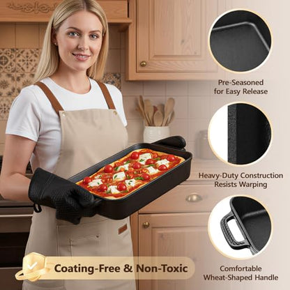 Lvmol Cast Iron Detroit Pizza Pan - 9x13 Inch Pre-Seasoned Deep Baking Dish for Casserole, Focaccia, Lasagna