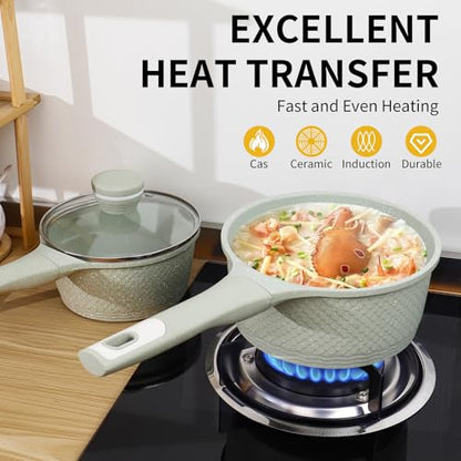 Xuanying Sauce pan 2.0Qt SaucePan with Lid, Non Stick Sauce Pot for Cooking, Easy to Clean, Cooking all stovetop 100% Free PFOA PFAS - Green Granite