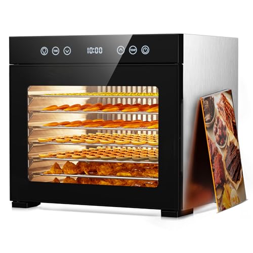 650W Food Dehydrator, 8-Tray Stainless Steel Dehydrator Machine with Adjustable Timer & Temperature, Overheat Protection, Fruit Dehydrator for Jerky, Herbs, Dog Treats, Interior Light