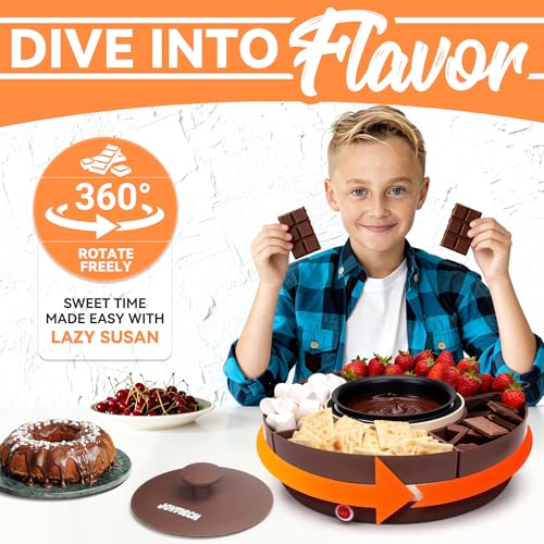 JoyMech Cheese & Chocolate Fondue Machine, Candy Melting Pot for Party, Electric Fondue Pot Set, Chocolate Warmer, Hot Chocolate Maker, 4-Section Food Tray, Brown