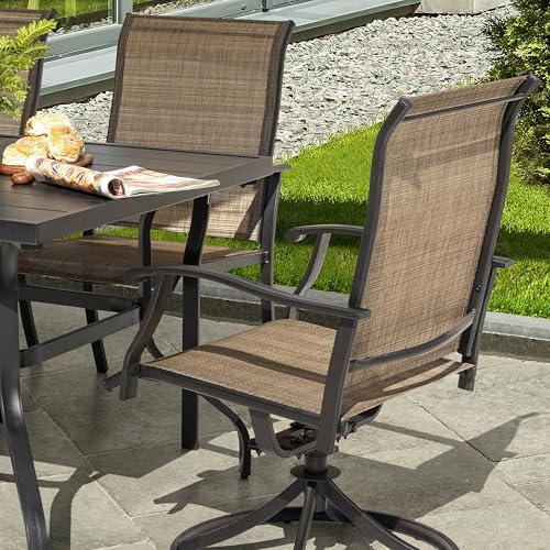 NUU GARDEN 7 Pieces Outdoor Dining Sets, Textilene Swivel Patio Table and Chairs All-Weather Outdoor Furniture Set for Lawn, Backyard, Balcony, Black and Brown