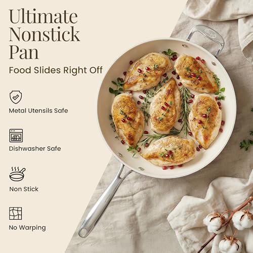 GOTHAM STEEL Cream 14 Inch Non Stick Frying Pans, Large Family Sized Nonstick Cooking Pan Skillet, Nonstick, 100% PFOA Free Ceramic Coating, Oven and Dishwasher Safe, Cream White