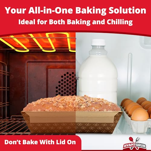 Avant Grub Baking Pan Chef Grade 1Lb Paper Loaf Pans 10 Pk. Elegant Disposable Bakeable Kraft Pan Supplies for Baking Bread, Small Meatloaf, Bundt Cake, Sweets, Kraft Paper - With Lids