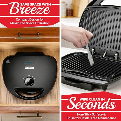 SugarWhisk Family-sized Contact Grill, 6-Serving Electric Indoor Grill with Adjustable Temp Control, Ceramic Coating, 1500W, Graphite