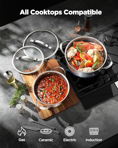 Pots and Pans Set Hybrid Stainless Steel, 17PC Nonstick Tri-Ply Cookware Set w/Frying pan, Dishwasher & Oven Safe, PFOA-Free, Metal Utensil Safe, Suitable for All Cooktops
