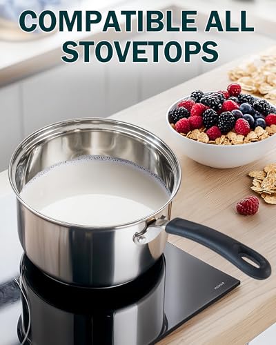 Cook N Home Professional Stainless Steel Saucepan with Lid, Multipurpose Sauce Pan Kitchen Pot, Stay-Cool Silicone Handle, Dishwasher Safe, Compatible with Most Cooktops, 3-Quart