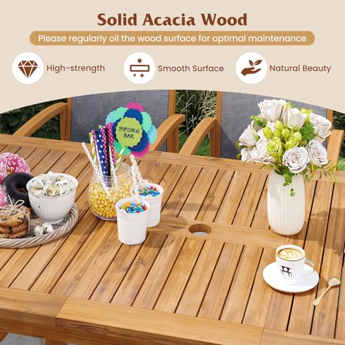 Tangkula 9 Pieces Acacia Wood Patio Dining Set for 6-8, Outdoor Expandable Table and Chairs Set with 1.97" Umbrella Hole and Breathable Fabric for Garden, Lawn, Yard and Poolside