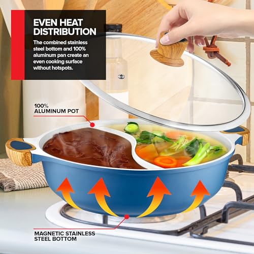 Nonstick Hot Pot with Divider, Blue Shabu Shabu with Silicone Spoons, Divided Cooker for Two Broths, Compatible with Induction, Gas Stove, or Grill
