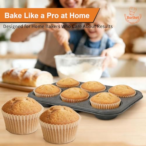 Barlket 2 Pack Jumbo Muffin Pan, 6 Cup Large Cupcake Pan with Speckled Granite Coating and Paper Liners, Professional Nonstick Carbon Steel Muffin Tin for Baking Muffins Frittatas Cupcakes, Grey