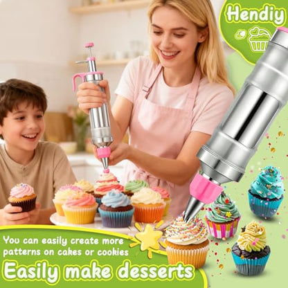 Hendiy Dessert Decorating Syringe Set, Stainless Steel Frosting Piping Kit Cake Decorating Kit with 6 Piping Tips & 9 Silicone Cupcakes, Cupcake Decorating Kit Piping Bags and Tips Set