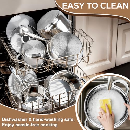 Colourcoco Stainless Steel Cookware Set - 15 Pieces Pots and Pans Nonstick Pot and Pan Set Includes 1 Frying Pans, 5 Pots, 6 Lids and 3 Utensils, with Stay Cooling Handle, Induction & Oven Safe