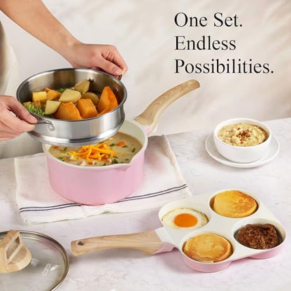 CAROTE Ceramic Cookware Set, 14 PCS Pots and Pans Set Non Stick, Pot and Pan Set with Frying pan, Induction Ready Cooking Set for Kitchen, PFOS/PFOA/PFAS Free, Pink