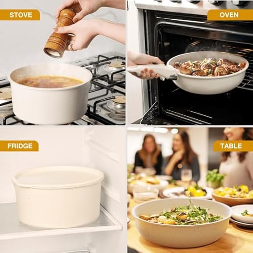 Nonstick 22-Piece Ceramic Cookware Set with Removable Handles, Cream White, Induction Ready, Oven Safe, Stackable