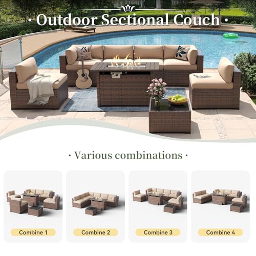 Aoxun 8 Piece Patio Furniture Set with 44” Fire Pit Table Wicker Rattan Outdoor Sectional Sofa Set with Coffee Table and Thickened Cushions, Beige (Waterproof Cover Included)