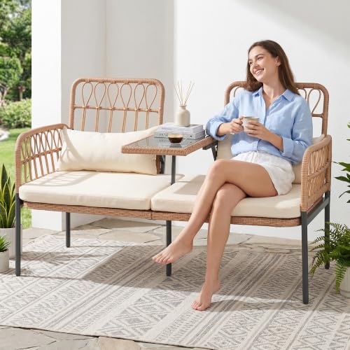 PROHIKER ROHIKER Outdoor Patio Loveseat Rattan Loveseat 2-Seat Furniture with Built-in Table, Lumbar Pillows and Cushions, All-Weather Small Patio Couch for Balcony, Lawn, Backyard