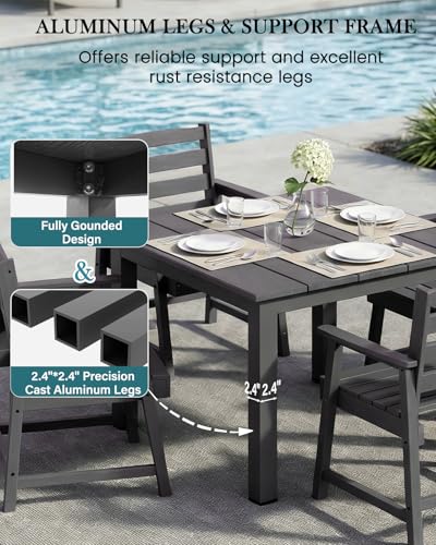 LOUNZY 5-Piece HDPE Patio Dining Set - Outdoor Square Table with 2" Hole Cut-Out & 4 Chairs,Gray