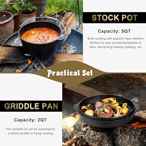 Joyfair Pre-seasoned Cast Iron Dutch Oven Set, Camp Dutch Pot & Griddle Skillet, 5QT Pot & 2QT Lid, Lid Lifter/Iron Stand/Cleaner, For Stewing, Baking, Sourdough Bread