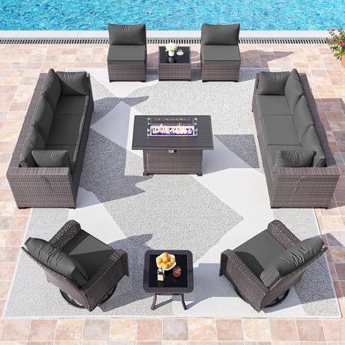 RTDTD 13 Pieces Outdoor Patio Furniture Set,Outdoor Sectional Furniture with 43" 55000 BTU Gas Propane Fire Pit Table,PE Rattan Wicker Patio Conversation Set,Swivel Rocking Chairs Set,Grey