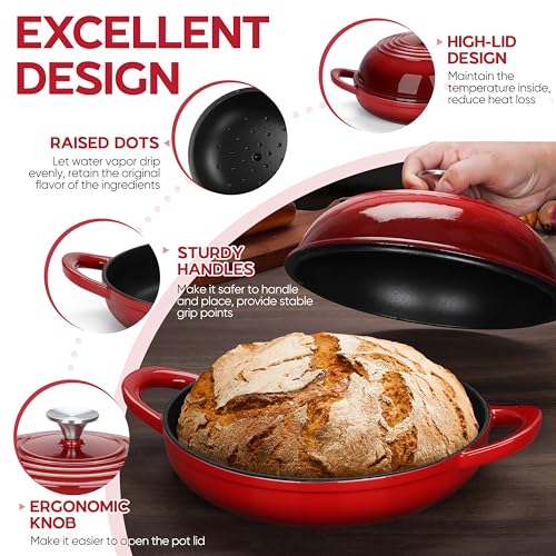 E-far Dutch Oven for Sourdough Bread Baking, 6 Qt Round Enameled Cast Iron Dutch Oven for Homemade Artisan Bread, Dome Lid & Shallow Base, Matte Black Interior & Durable, Oven-Safe to 500℉, Red
