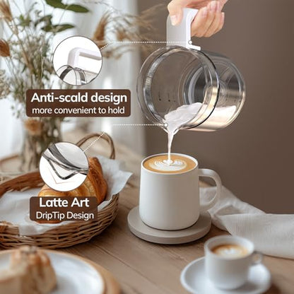 Large Electric Milk Frother and Steamer, 16.9oz/500ml Milk Steamer and Frother for Latte or Hot Chocolate, Dishwasher Safe, BPA Free, 6 Functions, Enjoy Perfect Milk Froth in 2 Min (White-Glass)
