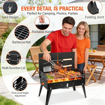 Portable Charcoal BBQ Grill Kit, Foldable Camping Mini Grill for Outdoor Cooking, Compact Design Barbecue Accessories with Barbecue Tools, Perfect for Beach, Backyard, Picnics (Mini Grill)