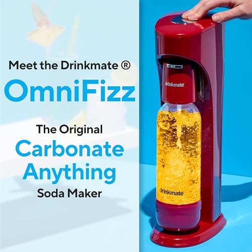 Drinkmate OmniFizz Sparkling Water Maker & Soda Streaming Machine | Carbonates Any Drink | STARTER KIT | Includes One 60L CO2 Cartridge + One BPA-Free Bottle (Royal Red)
